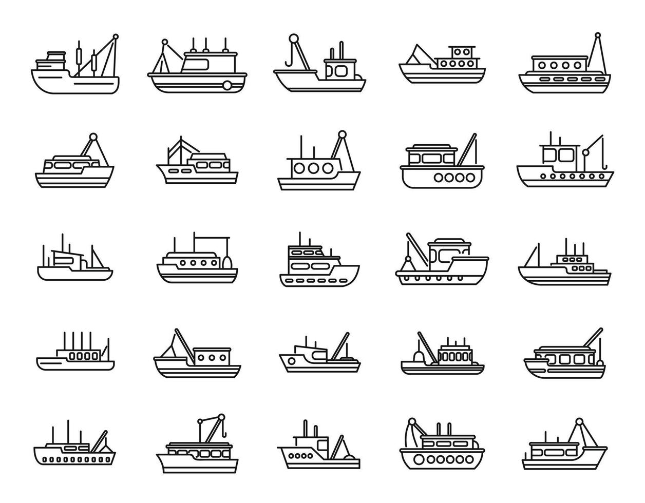 le icone della barca da pesca impostano il vettore di contorno. marittimo da carico