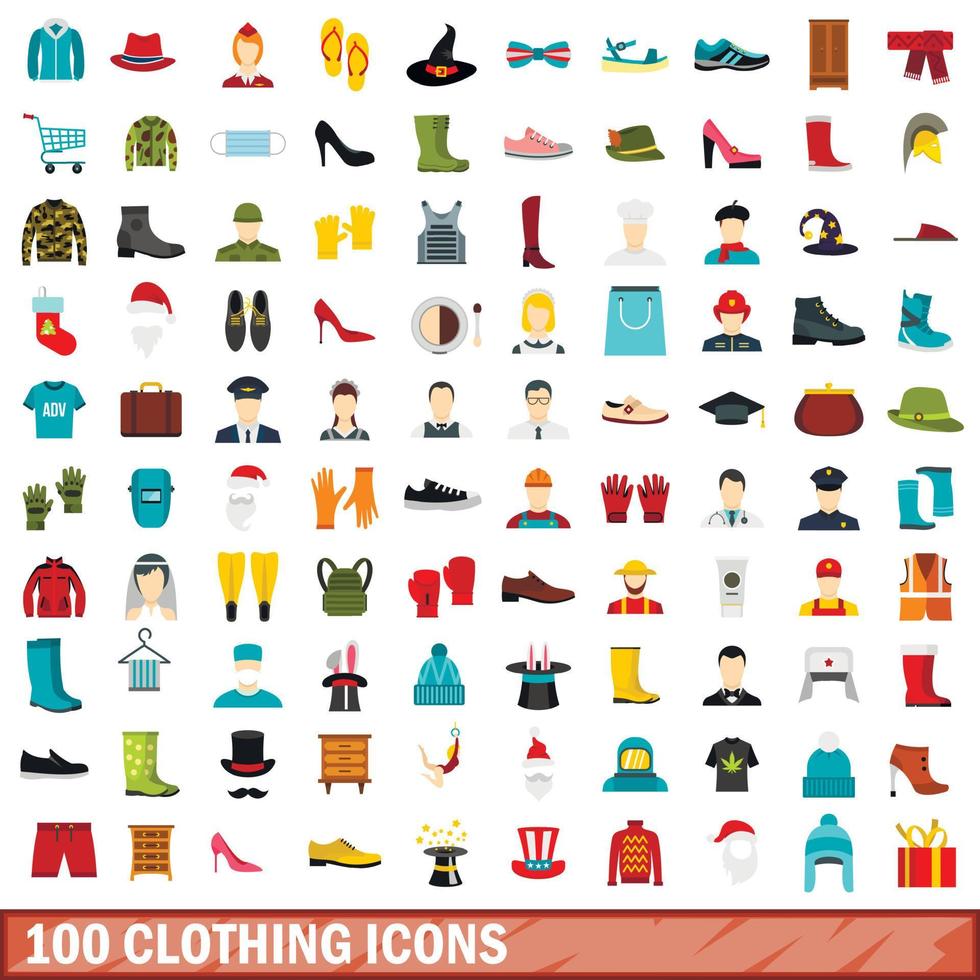 100 icone di abbigliamento impostate, stile piatto vettore