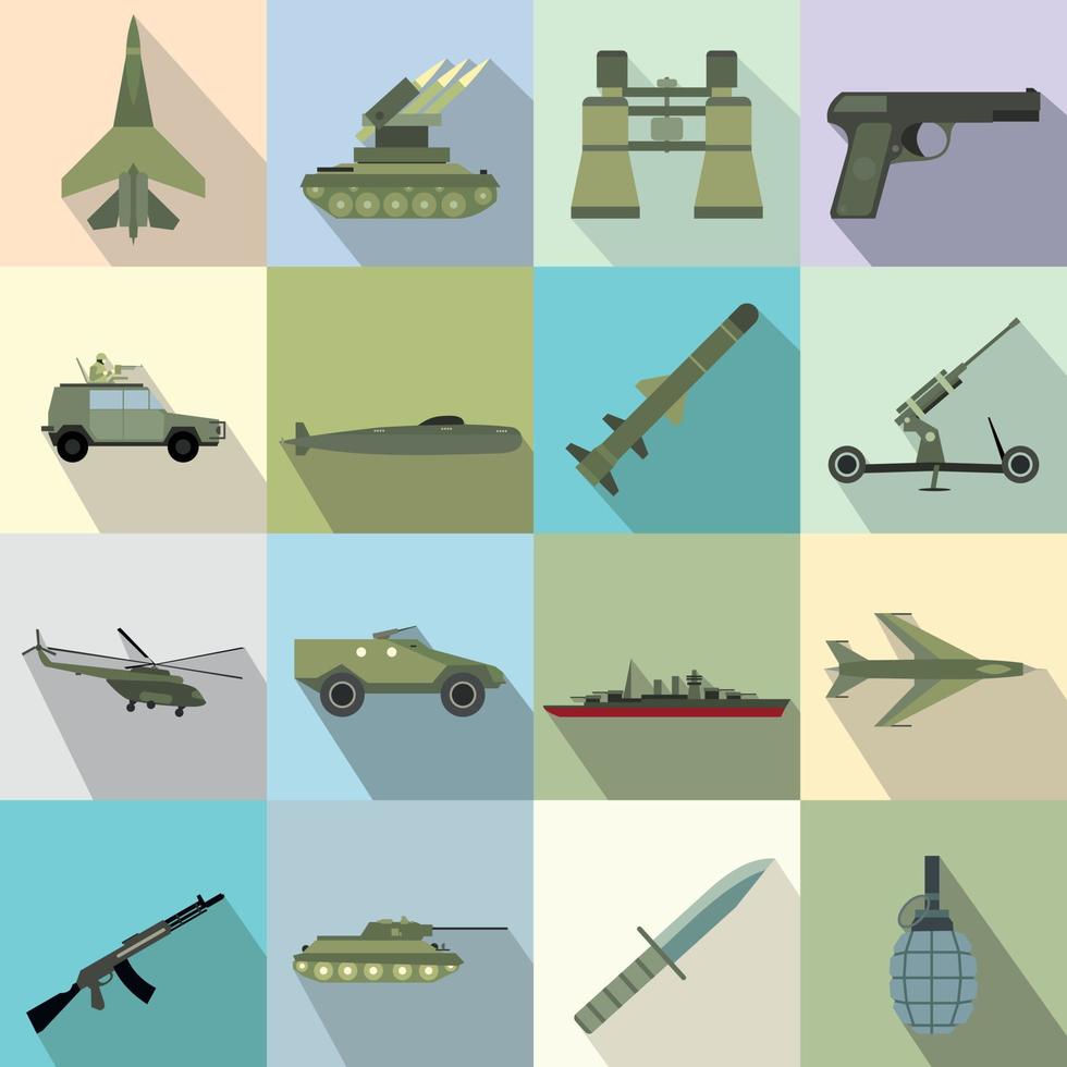 16 icone piatte per armi impostate vettore