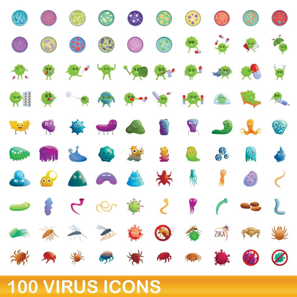 100 icone di virus impostate, stile cartone animato vettore