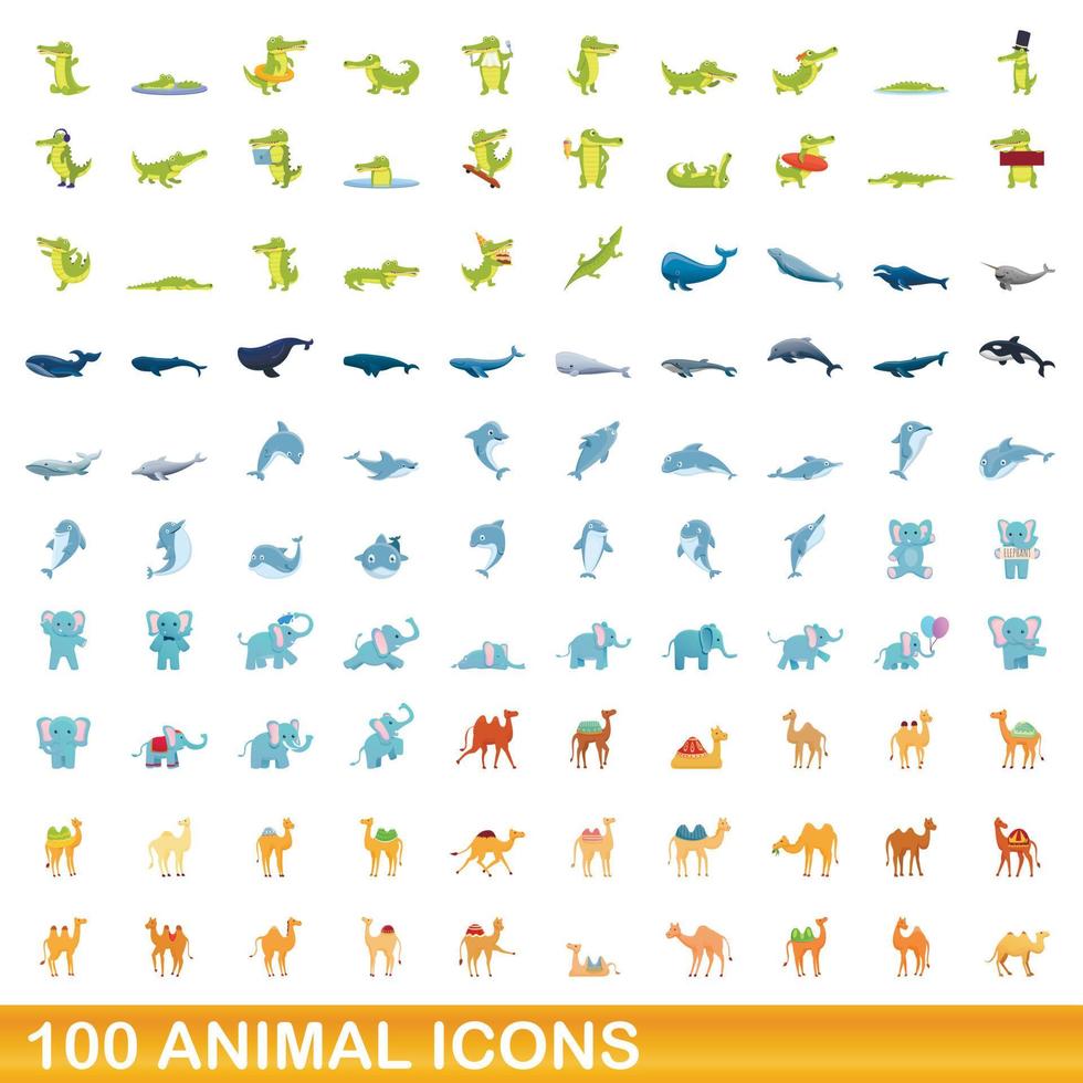 100 icone animali impostate, stile cartone animato vettore