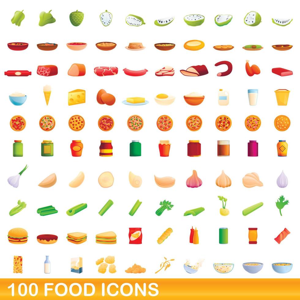 100 icone di cibo impostate, stile cartone animato vettore