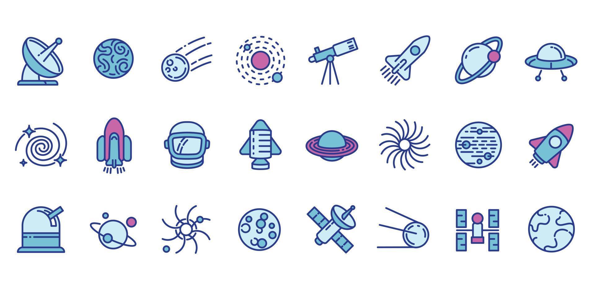 set di icone della tecnologia di ricerca spaziale, stile contorno vettore