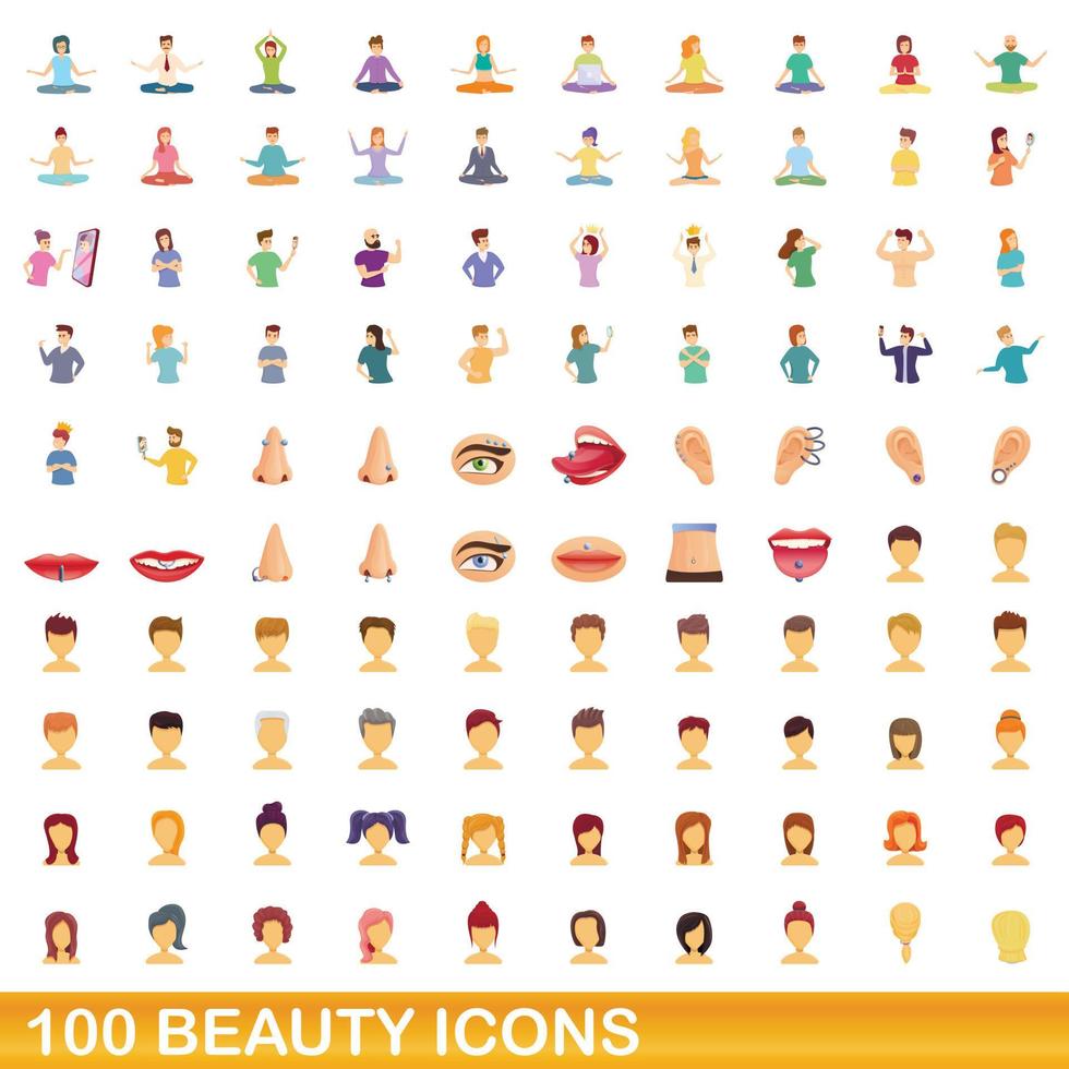 100 icone di bellezza impostate, stile cartone animato vettore