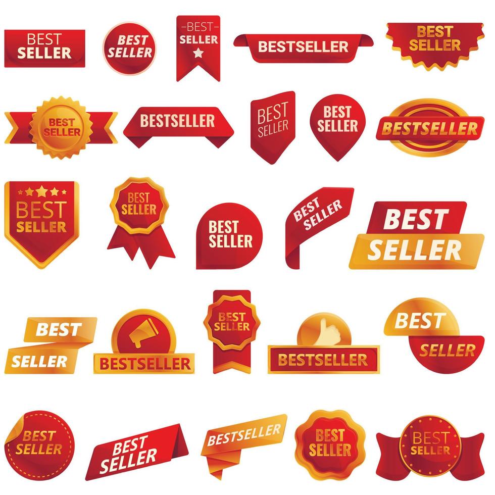 set di icone del miglior venditore, stile cartone animato vettore
