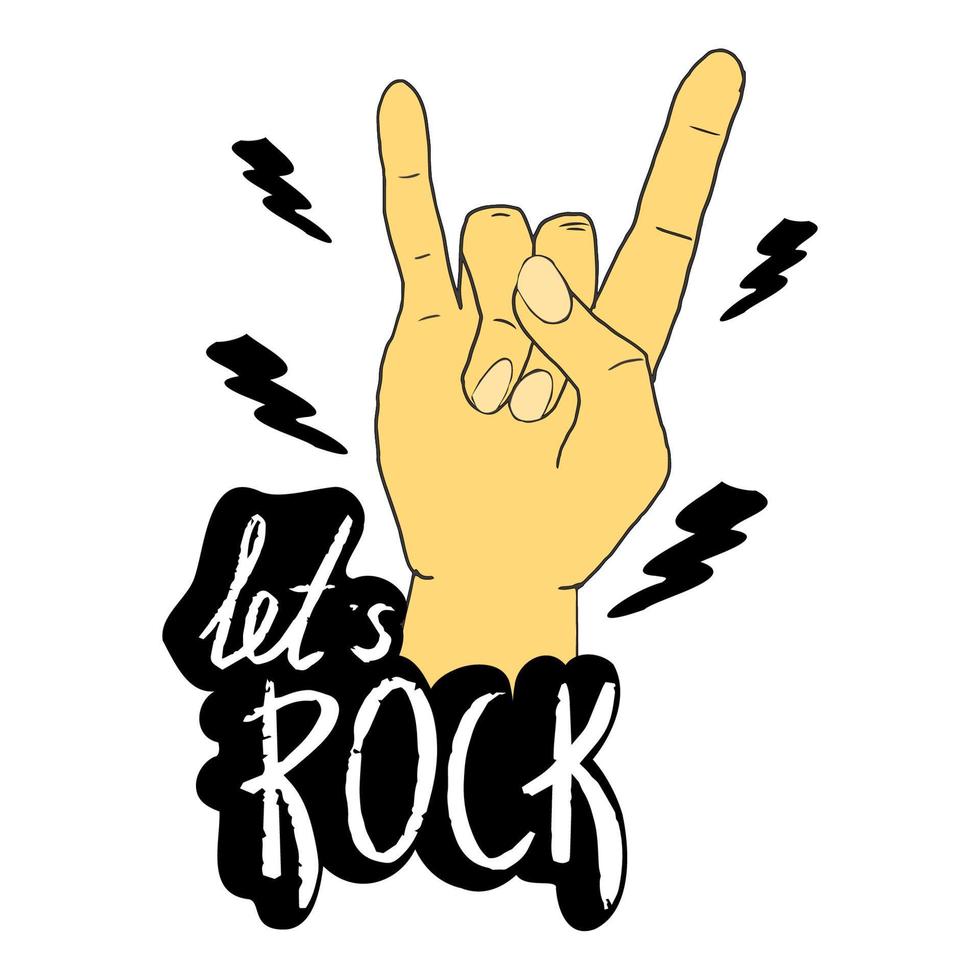 mano con gesto, testo rock e stelle doodle emblema, simbolo isolato su sfondo bianco. stampa grunge. . illustrazione vettoriale