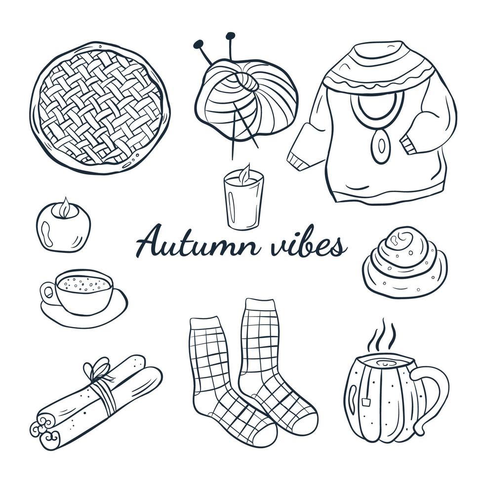 simpatico set autunnale di scarabocchi accogliente autunno con candele, torta, sinabon, cannella, maglione, calzini. vettore