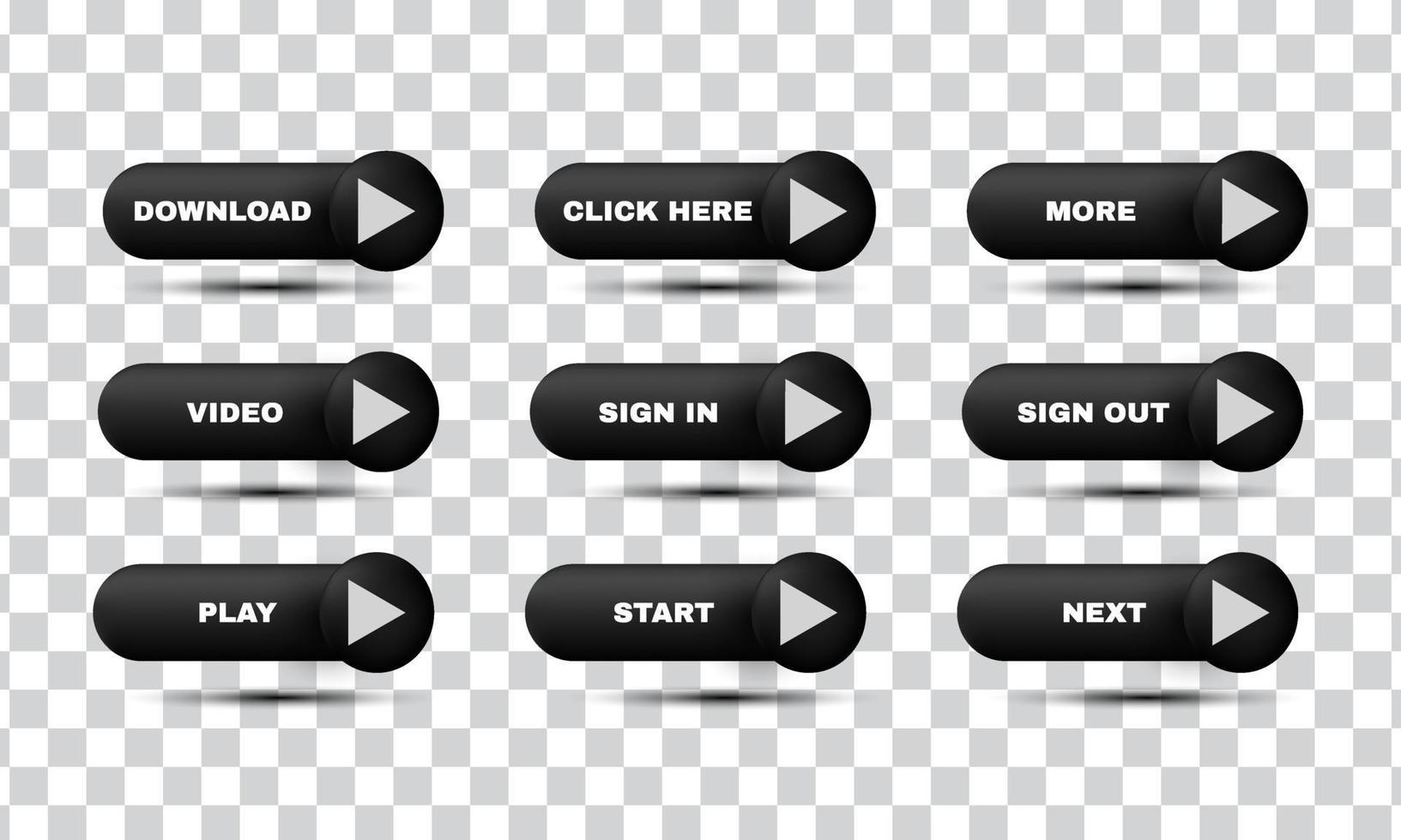 set unico 3d nero play pulsanti web app icona design isolato su vettore