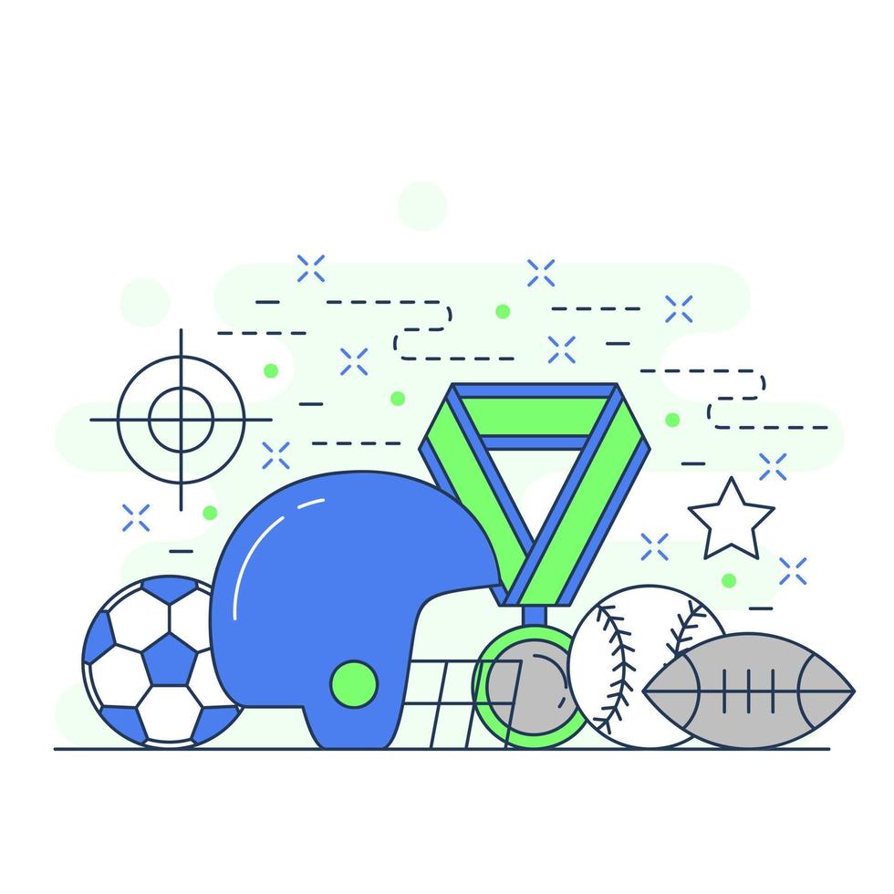 progettazione dell'illustrazione del sito Web di concetto di sport di football americano, tiro a segno, rugby, baseball e medaglione vettore