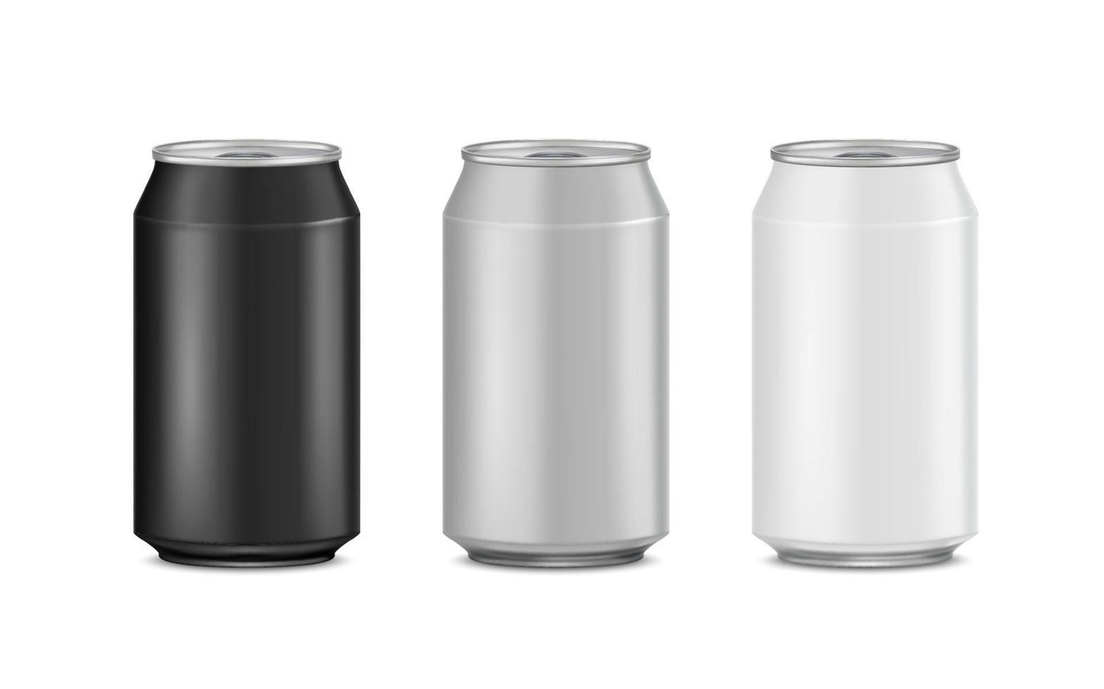 lattine di alluminio simulano il design della presentazione. realistico isolato su sfondo bianco. modello per birra, alcol, soda, bevanda energetica. 3d vettoriale eps10.