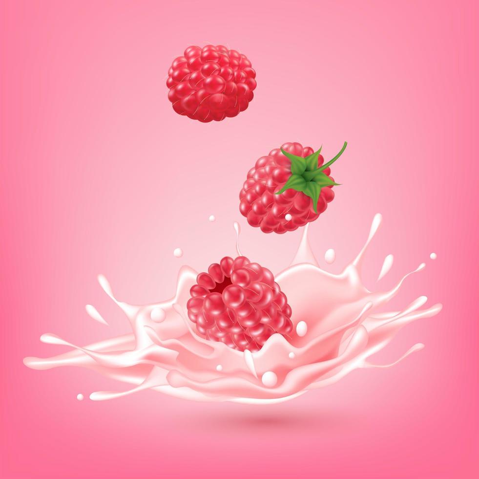 lampone rosa dolce latte con frutti di bosco e schizzi realistici, frutta e yogurt. illustrazione 3d vettoriale. vettore