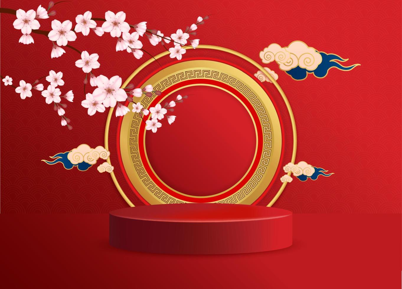 buon Capodanno cinese. podio con fiore di sakura. feste cinesi. segno dell'anno zodiacale su sfondo di colore rosso vettore