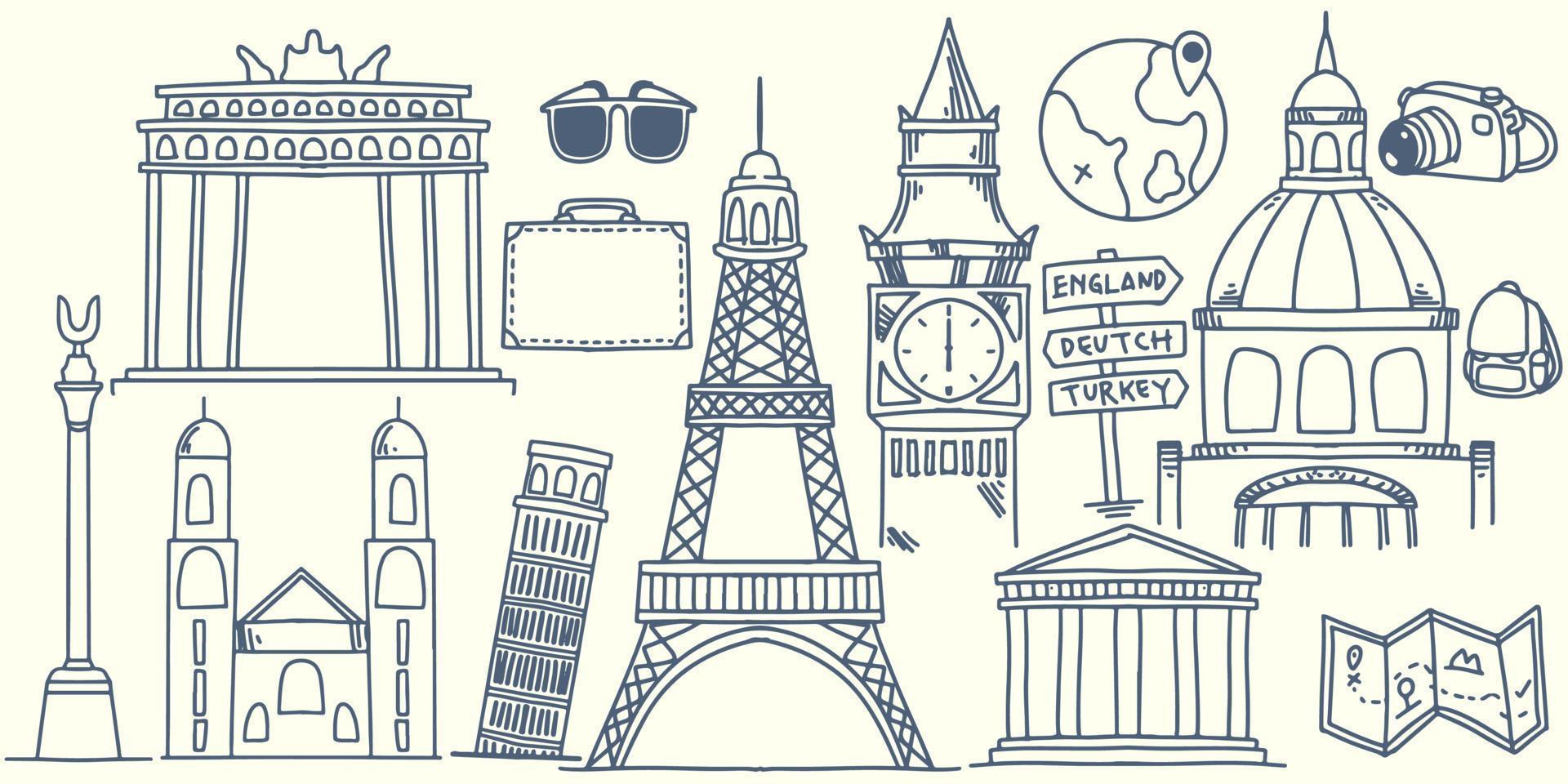 disegno a mano doodle elementi di viaggio in europa con attrezzatura turistica vettore