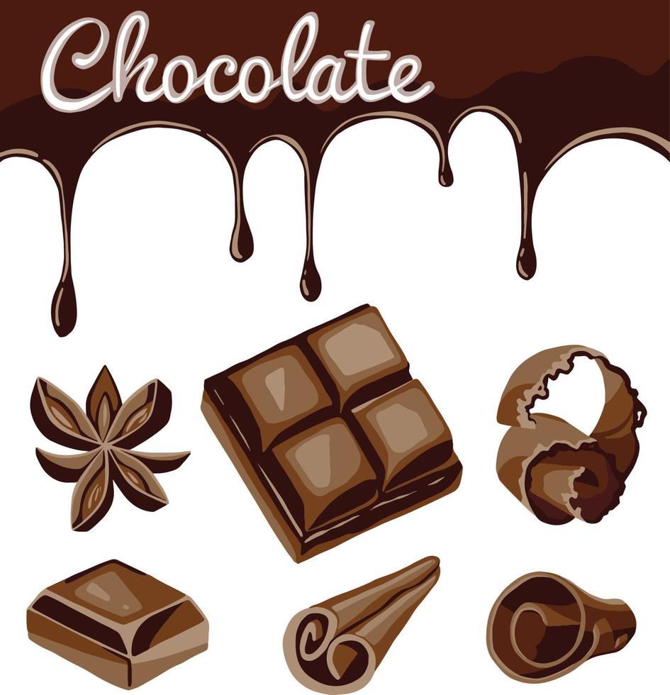 flussi di cioccolato, riccioli, caramelle e fave di cacao isolati su bianco vettore