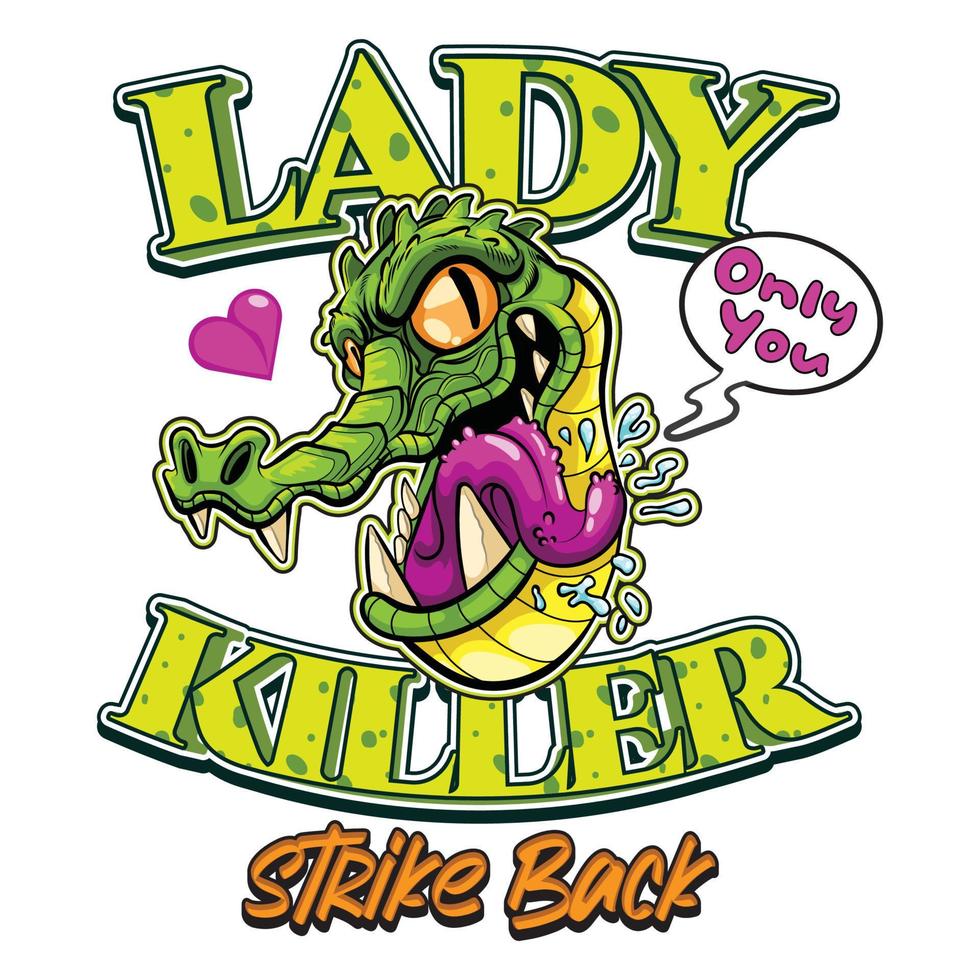 illustrazione vettoriale di coccodrillo, design divertente della maglietta del coccodrillo dell'assassino della signora