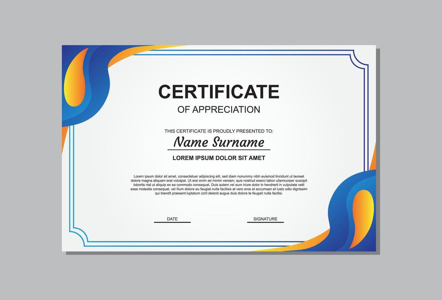 modello di certificato di design in arancione e blu per affari e laurea. vettore