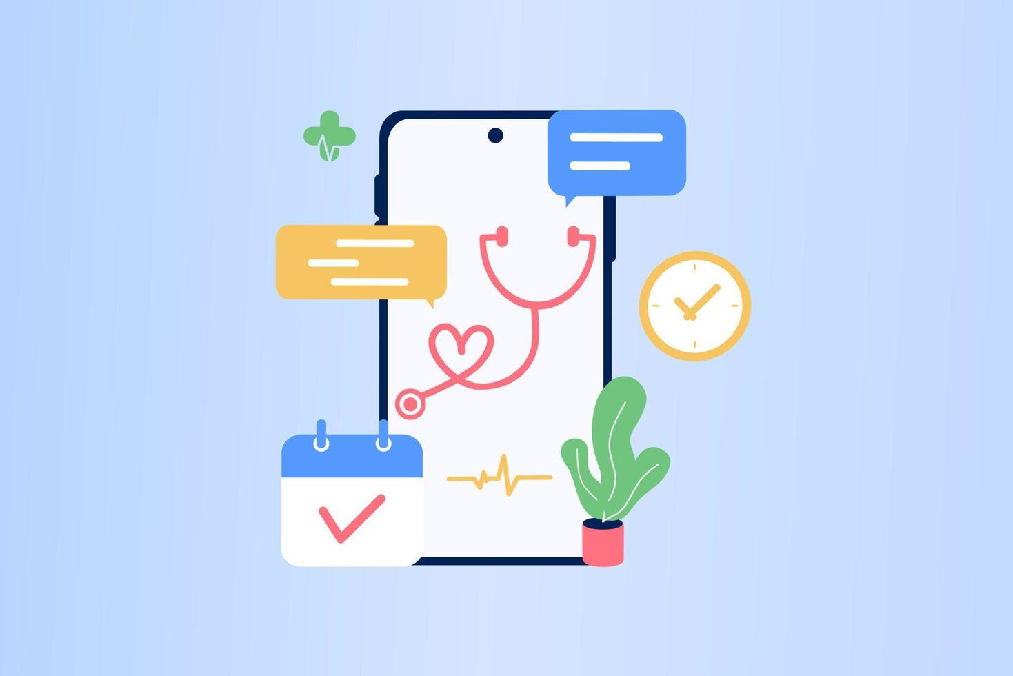 consulenza medica online su app mobile tramite lo schermo del telefono. clinica medica online, telemedicina, assistenza sanitaria online, consulenza medica online, concetto di salute digitale. illustrazione vettoriale. vettore