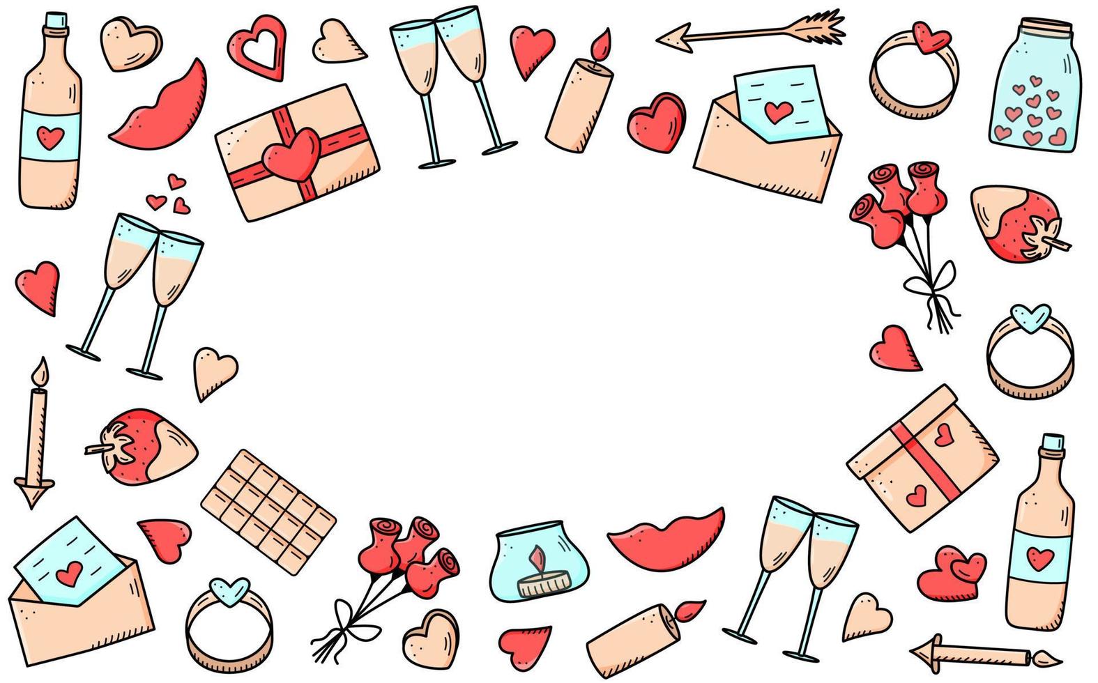 un set di icone doodle per San Valentino o matrimonio. illustrazione vettoriale di accessori romantici candele cuori anello bottiglia e bicchieri di vino, labbra regalo cioccolato fragola