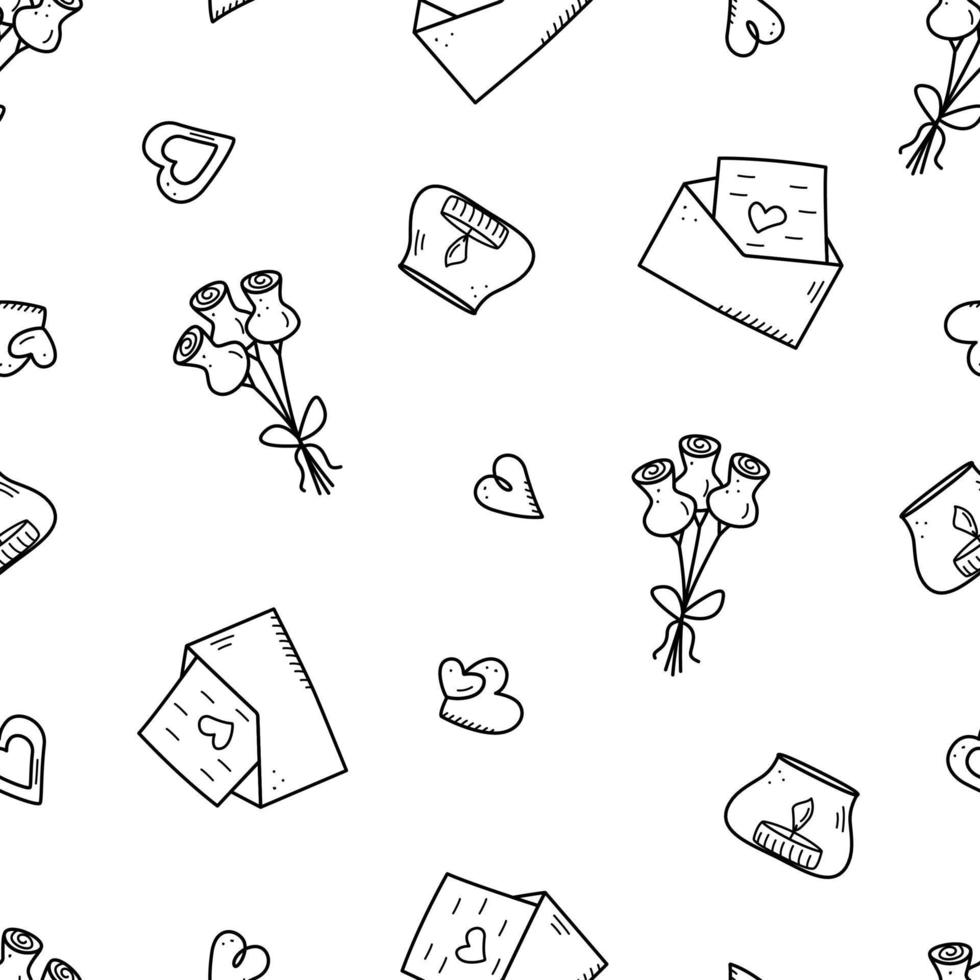 concetto di icone senza cuciture di san valentino. vettore doodle accessori romantici candele cuori bicchieri di vino, regalo di fiori