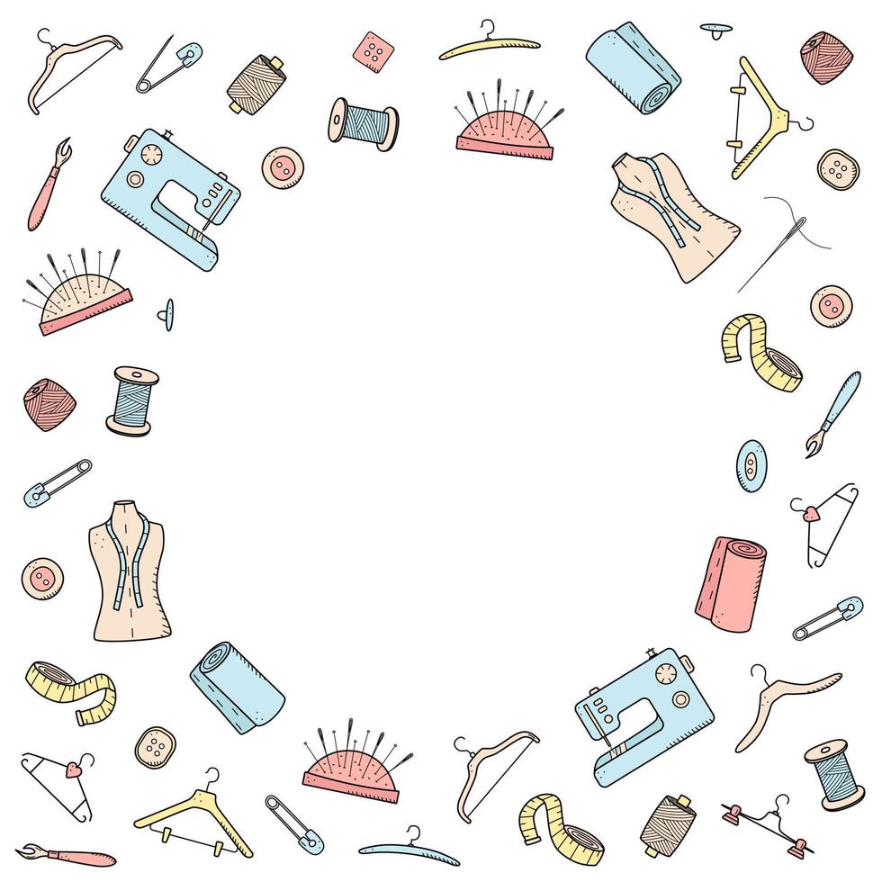 strumenti per il cucito e il ricamo. set di icone doodle sartoria, illustrazione vettoriale aghi per filo manichino per macchina da cucire bottoni per ganci.