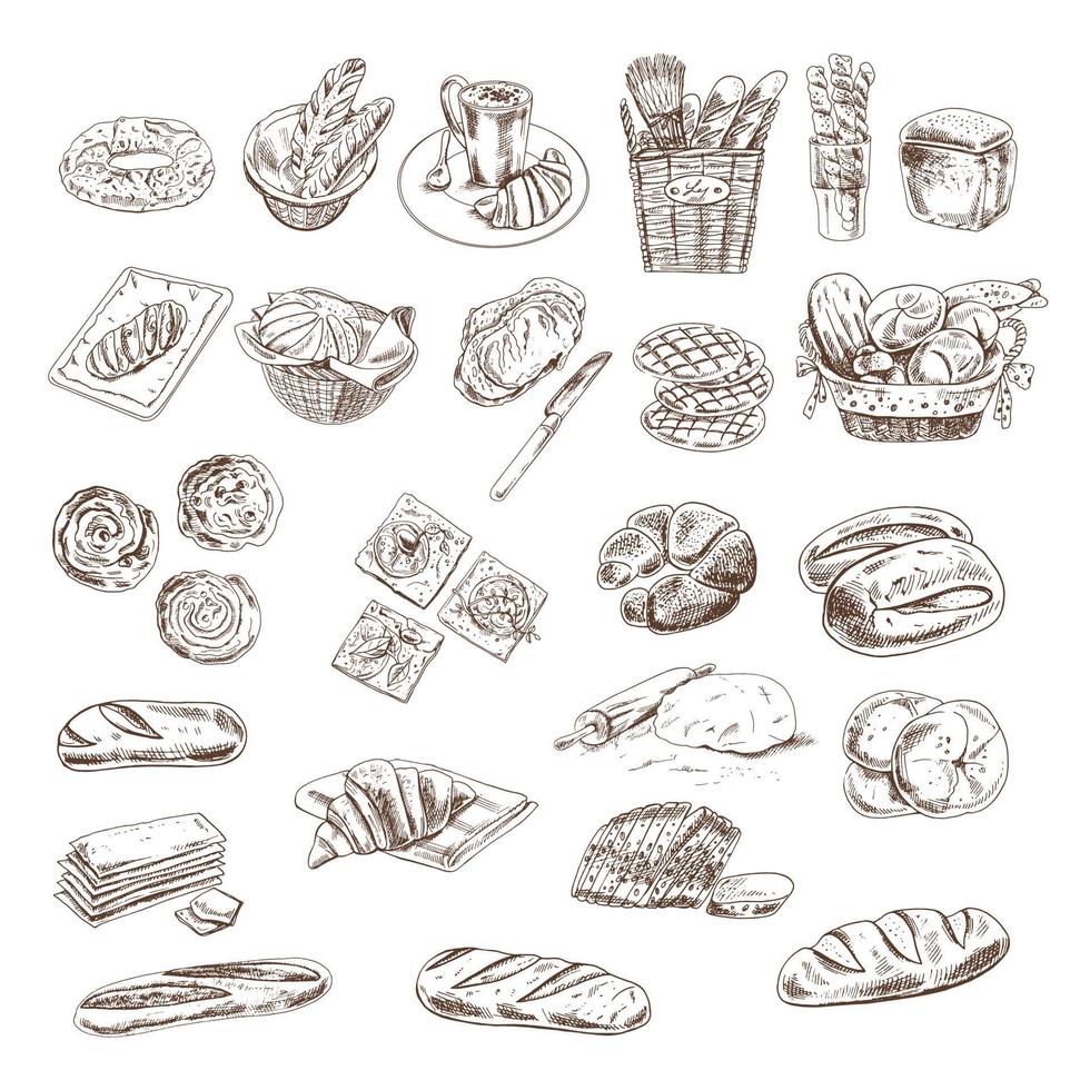 collezione di pane fresco da forno con vari tipi di pane, croissant, pretzel, baguette francese, panini, bagel e panini isolati su sfondo bianco. illustrazione dello schizzo vettoriale. vettore