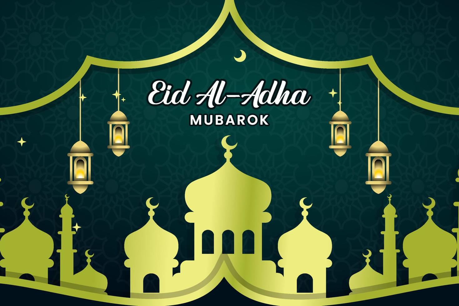 eid al-adha modello di banner disegno vettoriale con sfondo verde islamico e moschea e motivi creativi