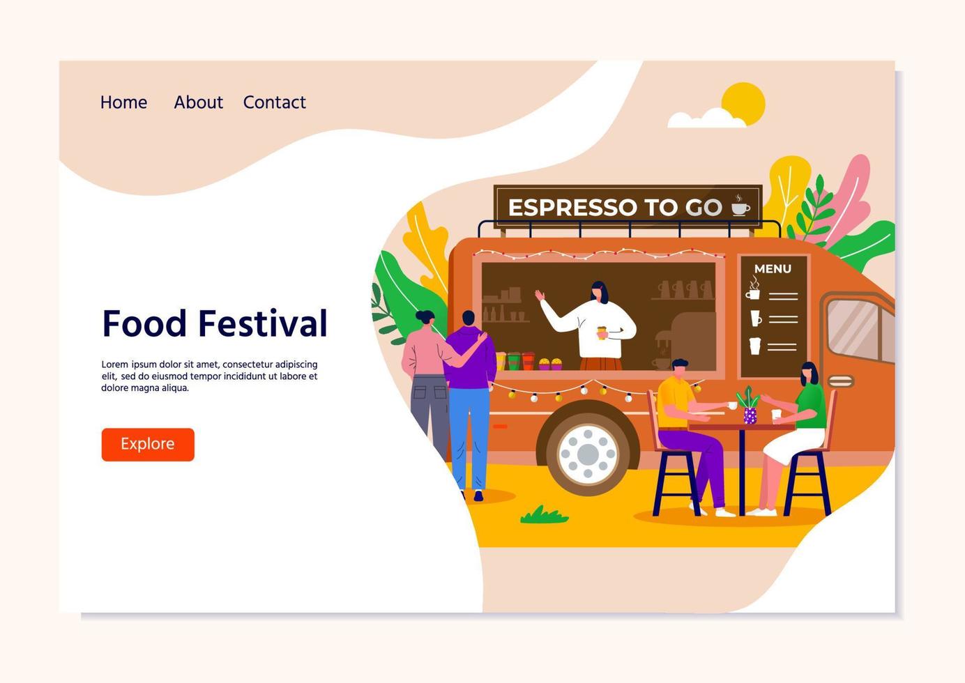 concetto di festival del cibo di strada per landing page, persone che acquistano caffè da asporto in camion, veicolo. caffetteria mobile, caffetteria su ruote con barista. personaggi che camminano insieme nel parco cittadino, vettore