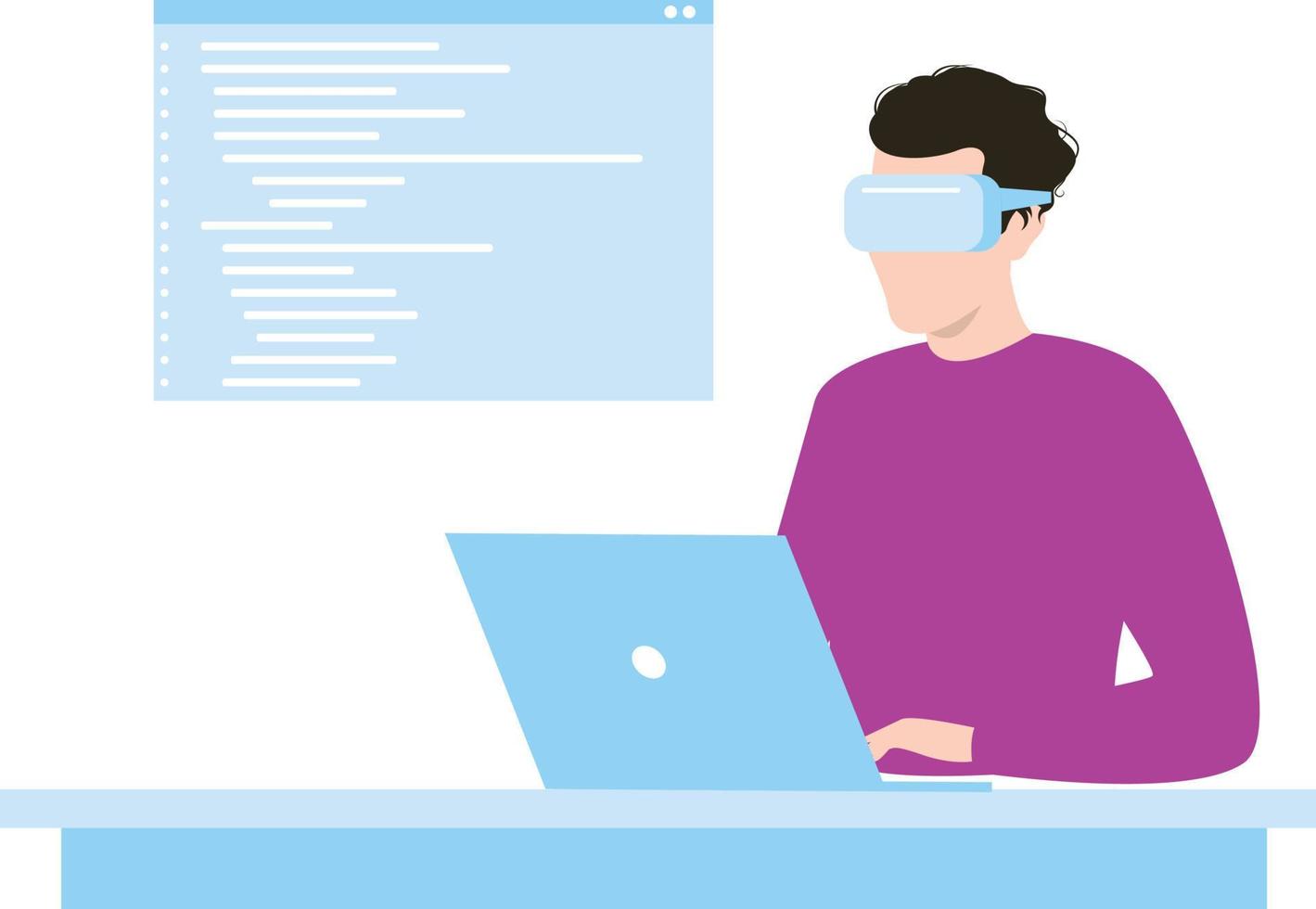 il ragazzo indossa occhiali vr e sta lavorando alla programmazione del software sul suo laptop. vettore