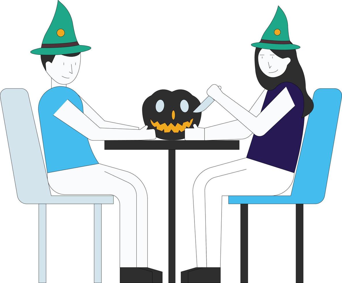 il ragazzo e la ragazza sono seduti a un tavolo e tagliano le zucche di halloween. vettore