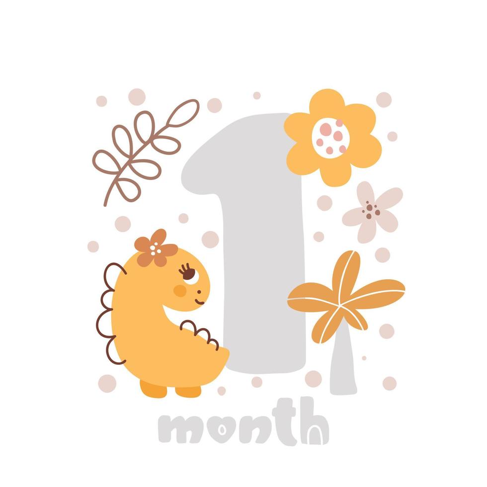 1 metriche della carta dell'anniversario del mese del bambino di un mese. stampa baby shower con simpatici animali dino, fiori e palme che catturano tutti i momenti speciali. carta pietra miliare del bambino per la neonata vettore