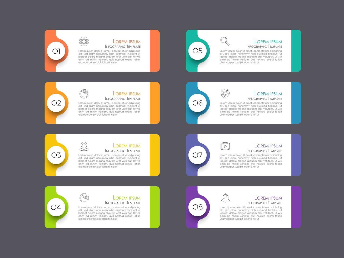 il moderno design aziendale di infografica con 8 concetti di opzioni, parti, passaggi o processi può essere utilizzato per il layout del flusso di lavoro, il diagramma, le opzioni numeriche, il web design. elemento infografico. vettore