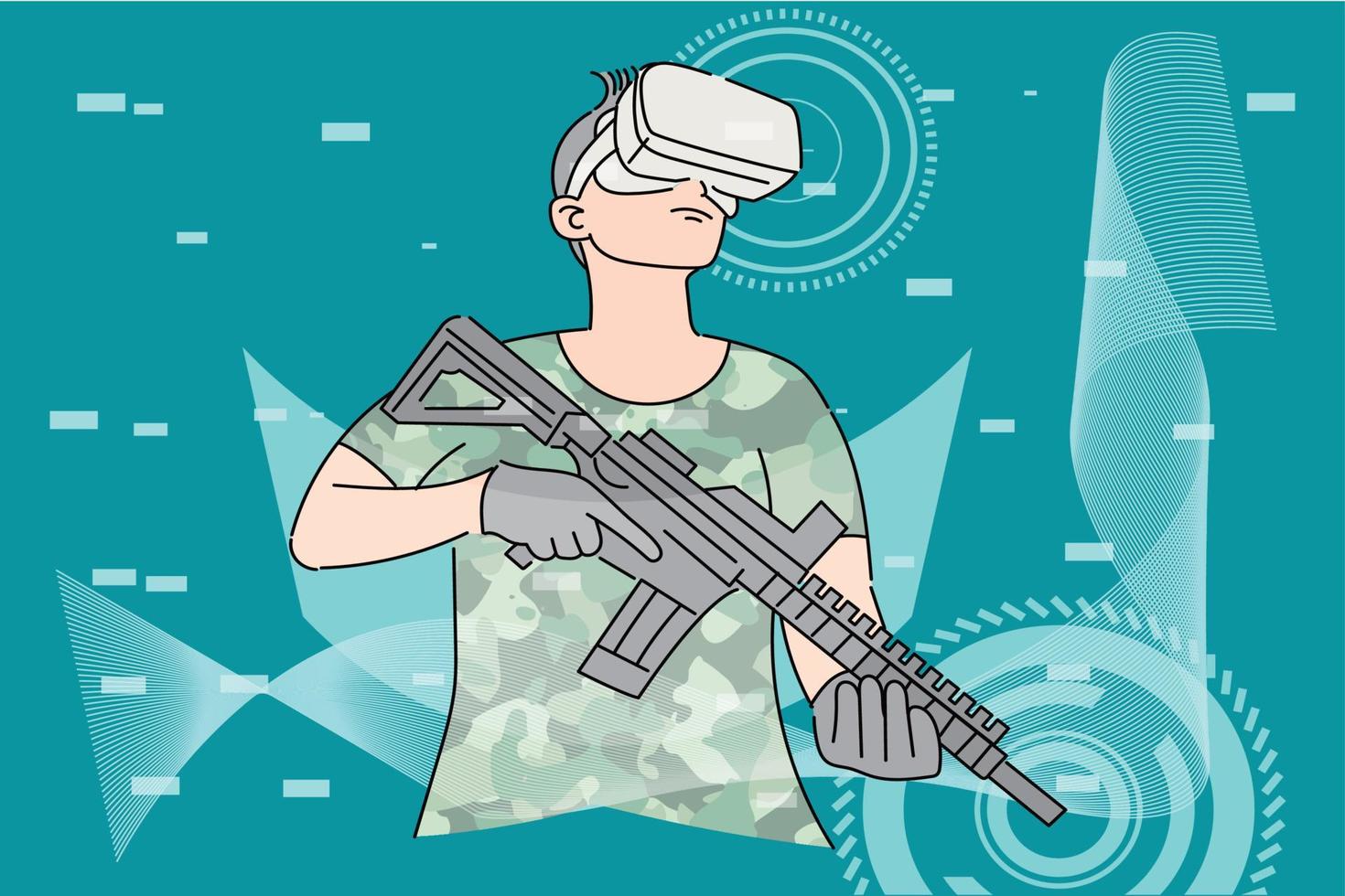 giovane uomo con pistola giocattolo in posa pronto a vincere un round nel gioco del mondo di realtà virtuale. illustrazione design piatto vettore