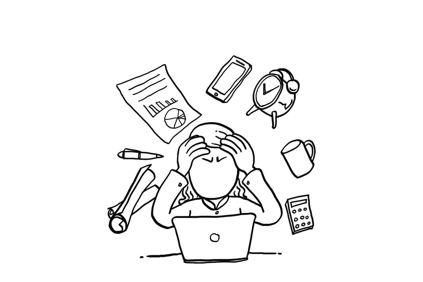 la donna d'affari ha un sacco di compiti da fare. concetto di multitasking e pensiero eccessivo. disegno dell'illustrazione di vettore del fumetto