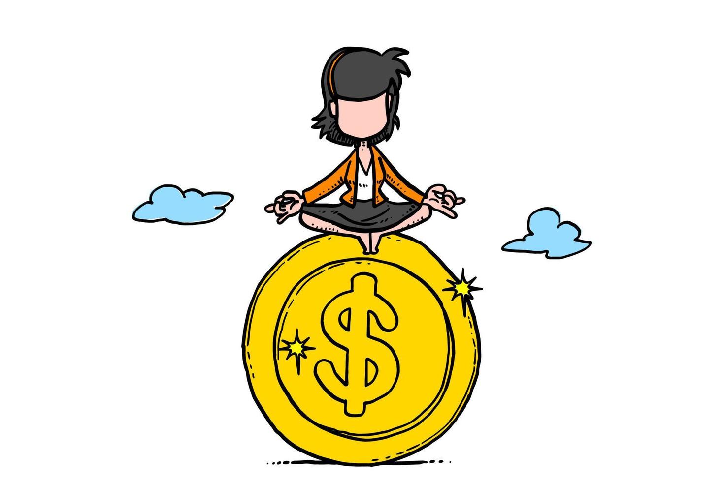 donna d'affari seduta sopra la moneta d'oro. concetto di denaro e gestione patrimoniale. disegno dell'illustrazione di vettore del fumetto su fondo isolato