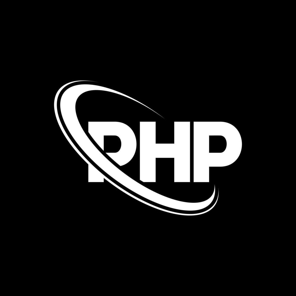 logo php. lettera php. design del logo della lettera php. iniziali php logo collegato con cerchio e logo monogramma maiuscolo. tipografia php per il marchio tecnologico, aziendale e immobiliare. vettore