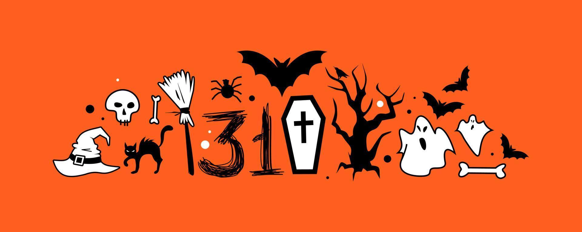 banner di halloween - illustrazione vettoriale in stile piatto. vacanza di ottobre. icone di halloween. attributi spaventosi delle vacanze: spirito, tomba, pipistrello