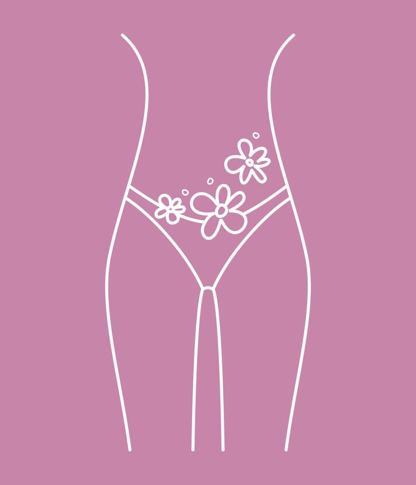 corpo femminile con fiori dalla linea sottile. mestruazioni, salute delle donne. igiene femminile, cura del corpo - illustrazione vettoriale in stile piatto. mutandine donna, biancheria intima