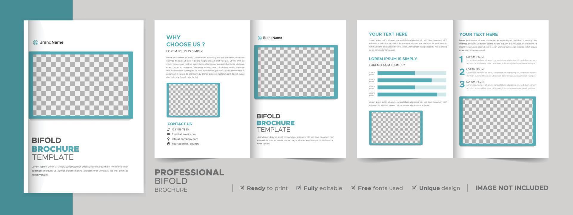 modello di progettazione di brochure bifold per la tua azienda, azienda, affari, pubblicità, marketing, agenzia e attività su Internet. vettore