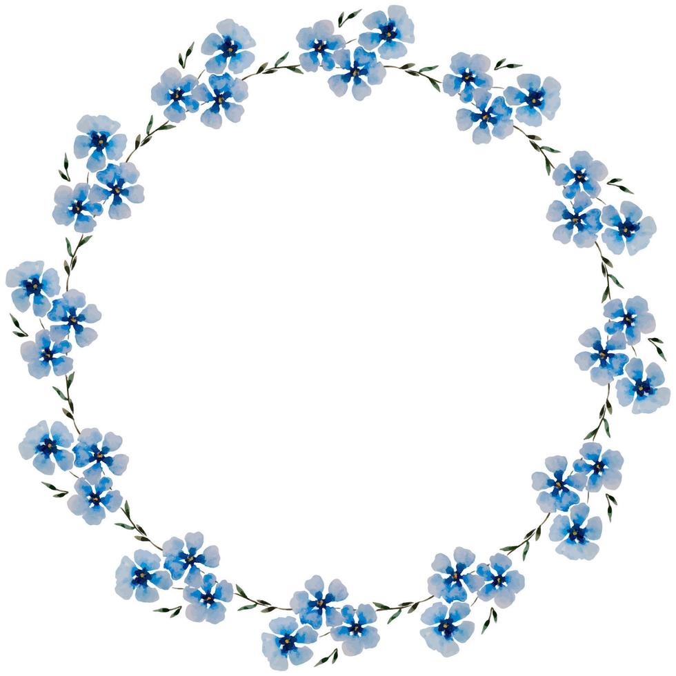 corona rotonda dell'acquerello con fiori blu su sfondo bianco. vettore