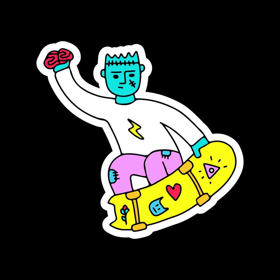 Frankenstein che tiene cervello e freestyle con skateboard, illustrazione per t-shirt, adesivi o articoli di abbigliamento. con stile doodle, retrò e cartone animato. vettore