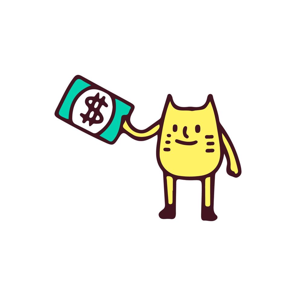 simpatico gatto con soldi in dollari, illustrazione per t-shirt, poster, adesivi o articoli di abbigliamento. con stile cartone animato retrò vettore