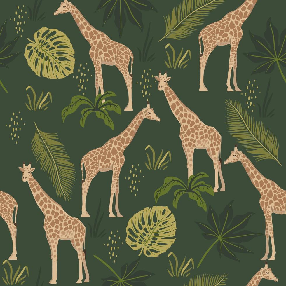 senza cuciture con giraffe e foglie tropicali. grafica vettoriale