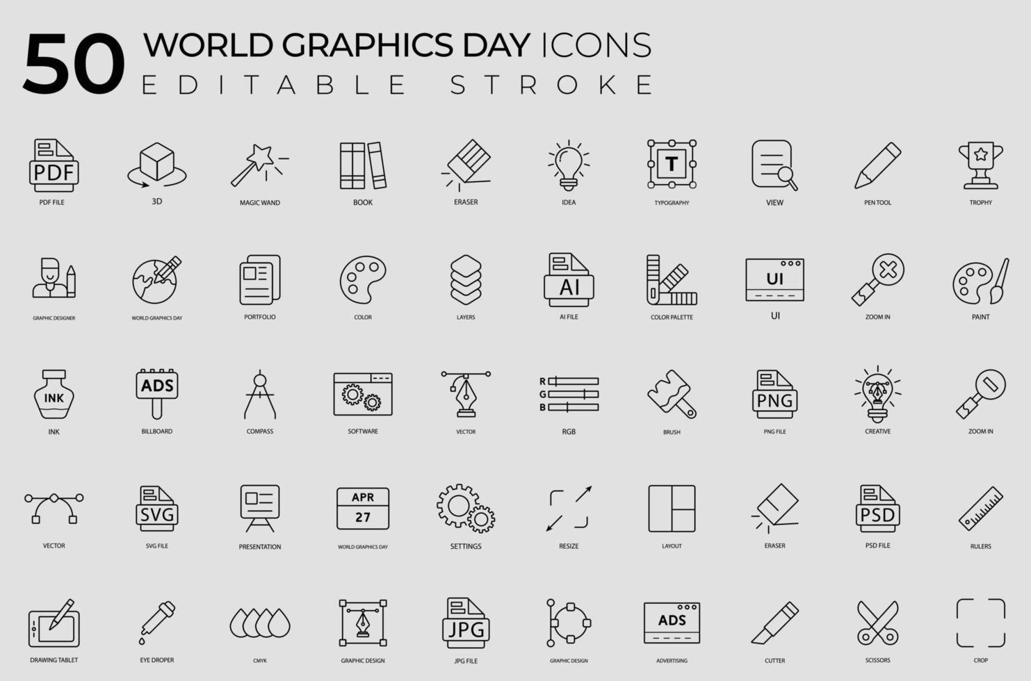 pacchetto di icone della giornata mondiale della grafica con tratto modificabile lineare. vettore