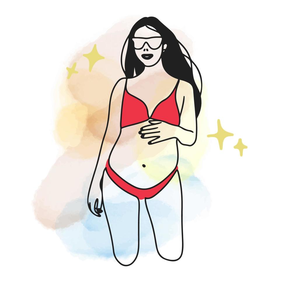 ragazza incinta in costume da bagno, occhiali da sole, pancia rotonda e grande, gravidanza, stagione balneare, doodle vettore