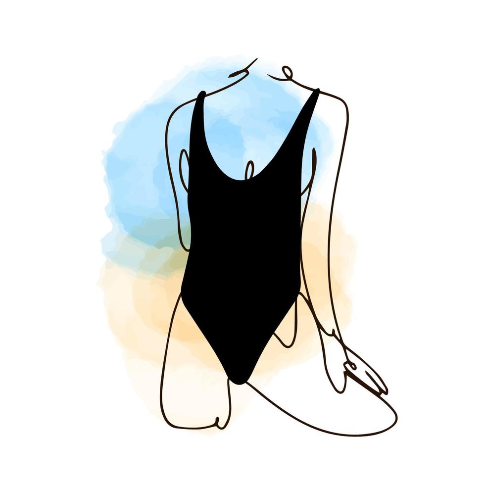 frammento del corpo di una ragazza in costume da bagno nero, disegno di contorno a una linea, lineare nello stile di scarabocchi su uno sfondo ad acquerello, estetica vettore