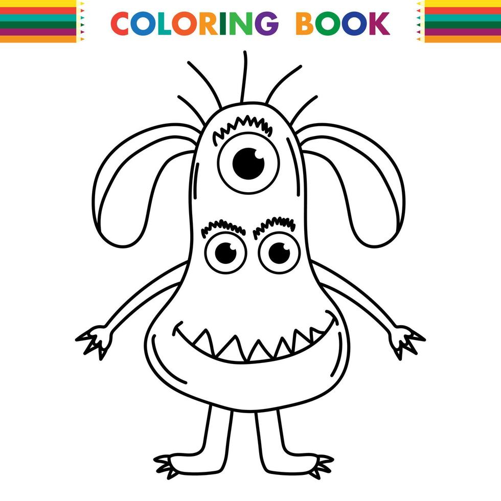 mostro alieno divertente e carino con tre occhi per bambini. creatura immaginaria per bambini libro da colorare, cartone animato fantasia contorno bianco e nero per pagine da colorare. vettore