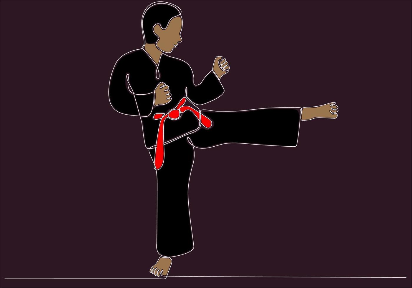 disegno a linea singola di un giovane karateka sportivo in uniforme da combattimento con cintura che esercita arti marziali in palestra illustrazione vettoriale. concetto di stile di vita sportivo sano. moderno disegno a linea continua vettore