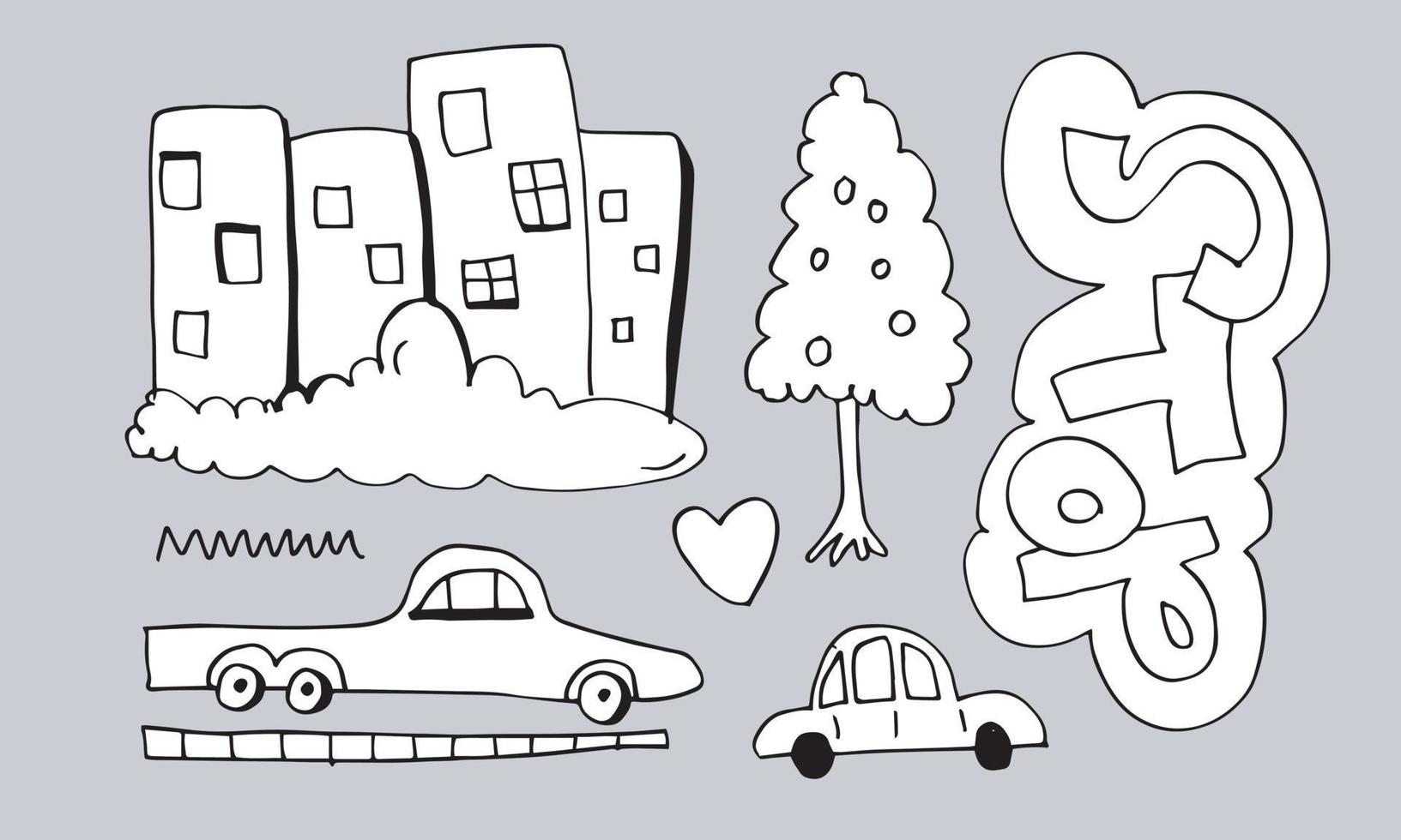 disegnare a mano di automobili, case, alberi ed edifici su sfondo bianco. vettore