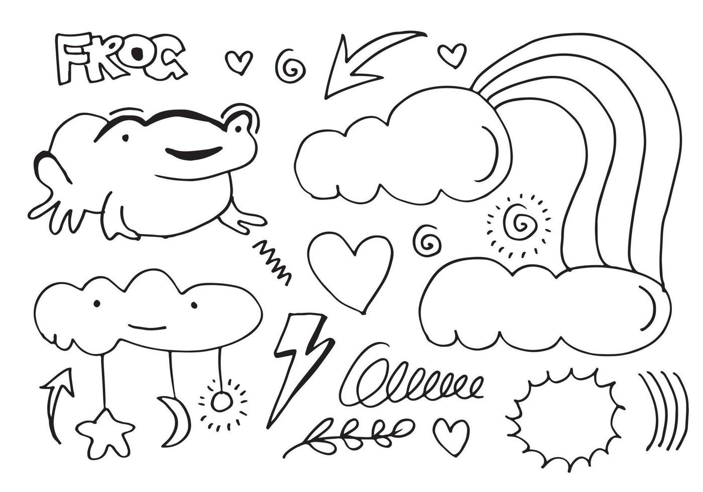 illustrazione vettoriale schizzo disegnato a mano di una rana con frecce, cuore, luna, foglie, stelle, fuochi d'artificio e nuvole e altri elementi di design. disegno della linea.