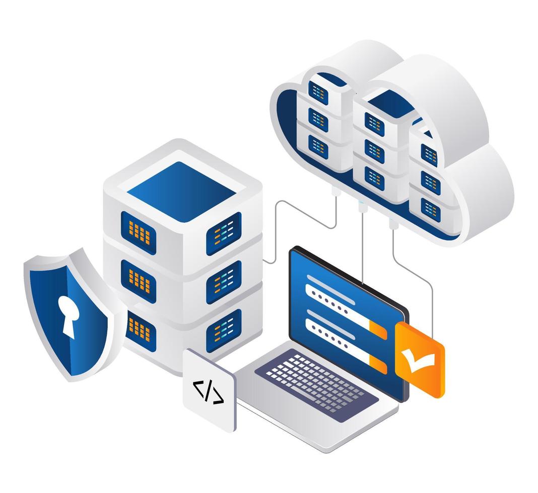 concetto di illustrazione isometrica del computer del server cloud di sicurezza tecnologica vettore